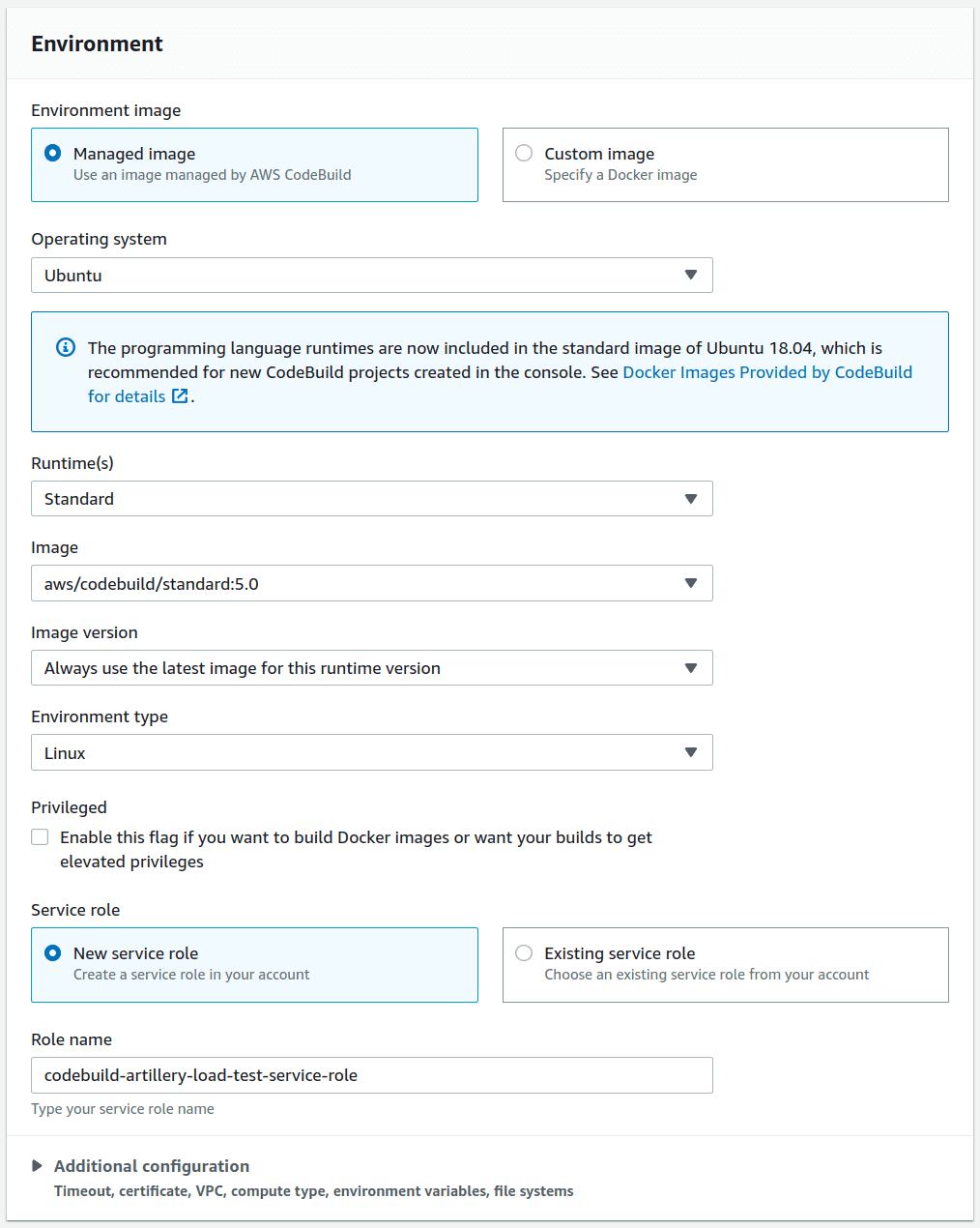 AWS CodeBuild Build Project Setup - Environment