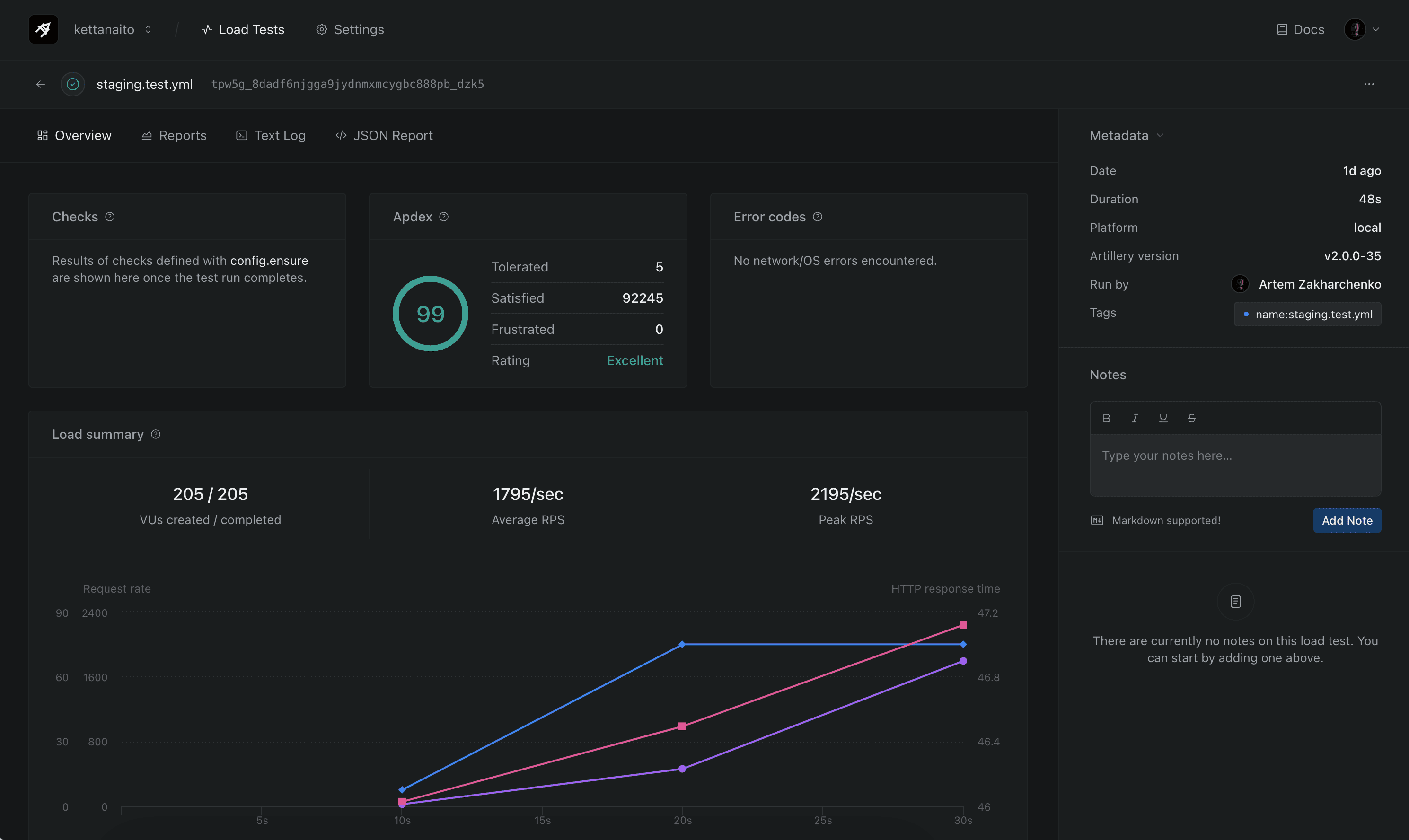 Artillery Cloud dashboard