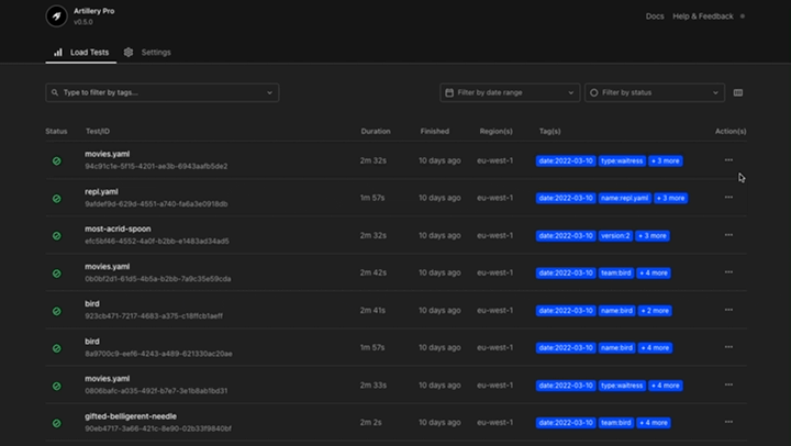 Deleting a load test run in action