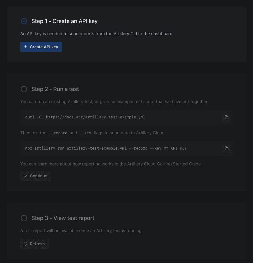 Artillery Cloud getting started wizard