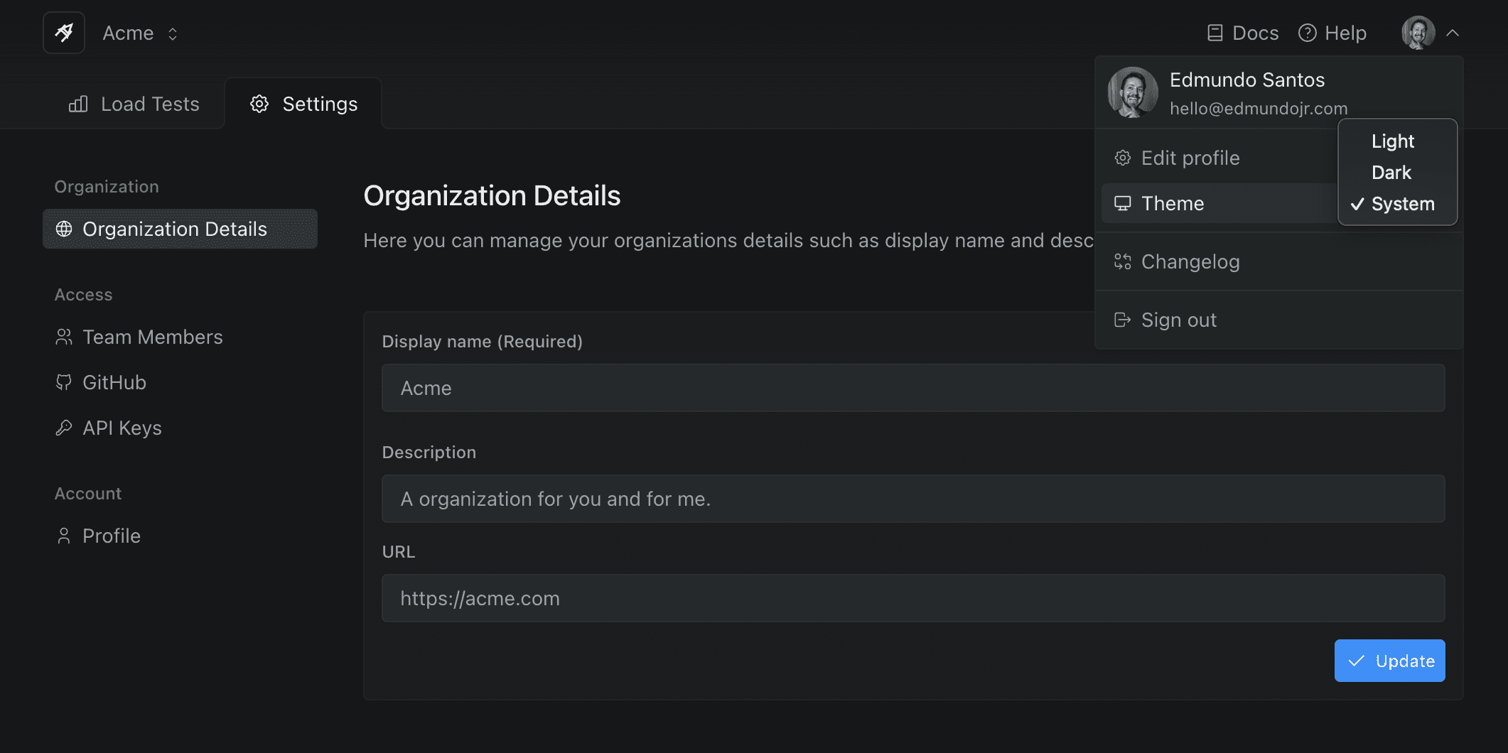 Organization Details and System Theme