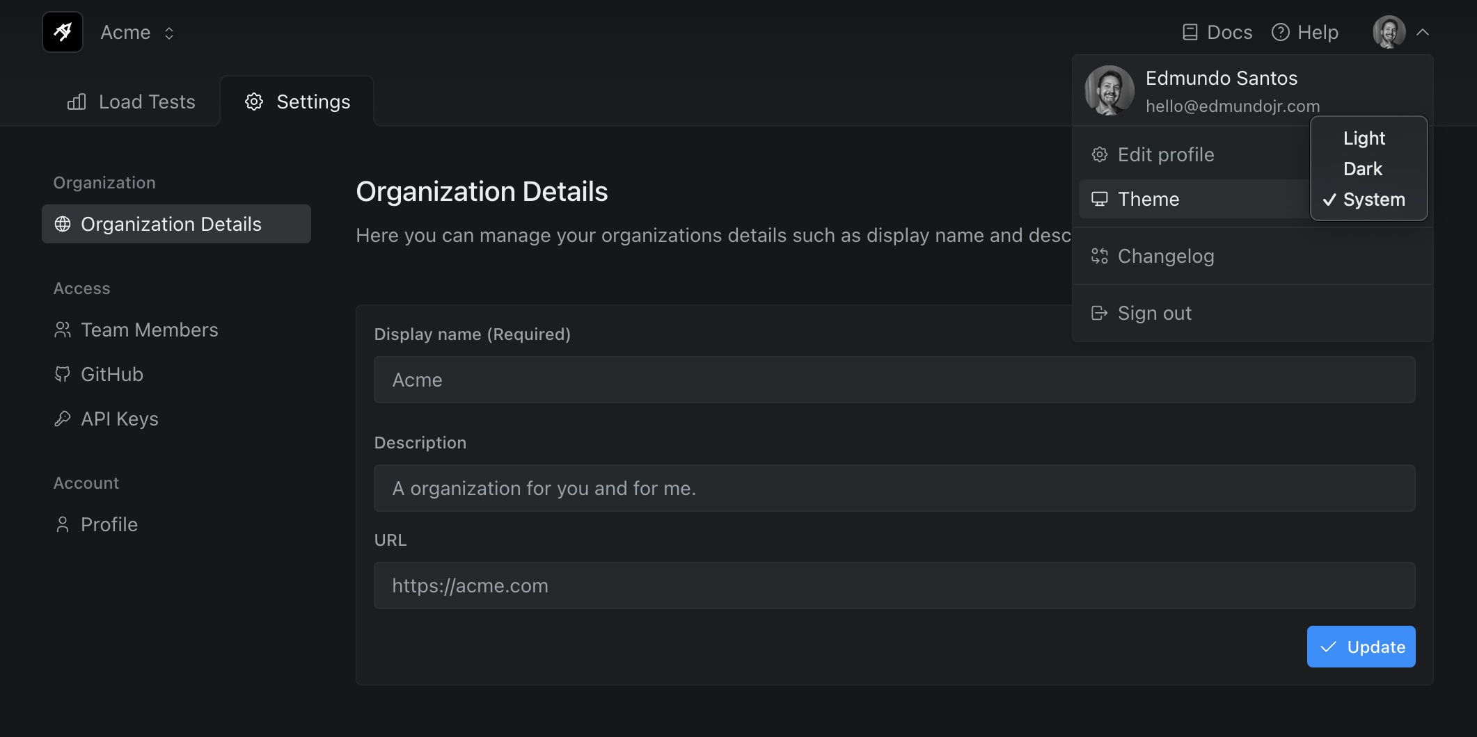 Organization Details and System Theme