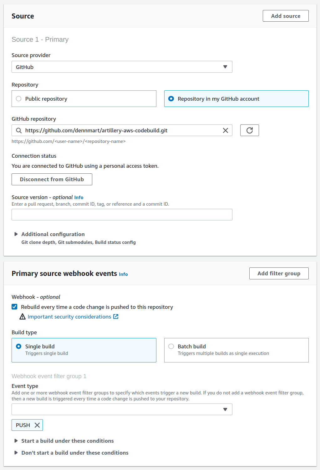 AWS CodeBuild Build Project Setup - Source