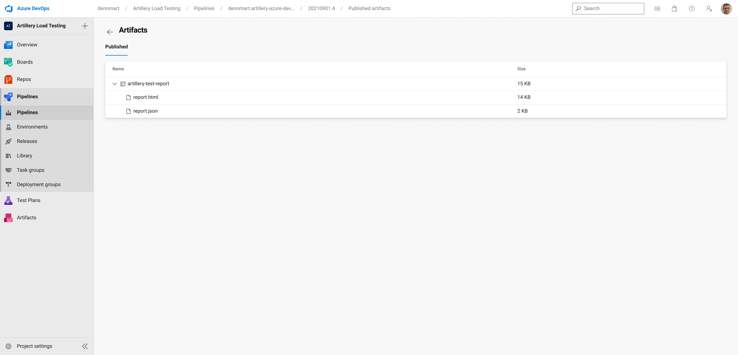 Azure Pipelines - Artillery report artifacts