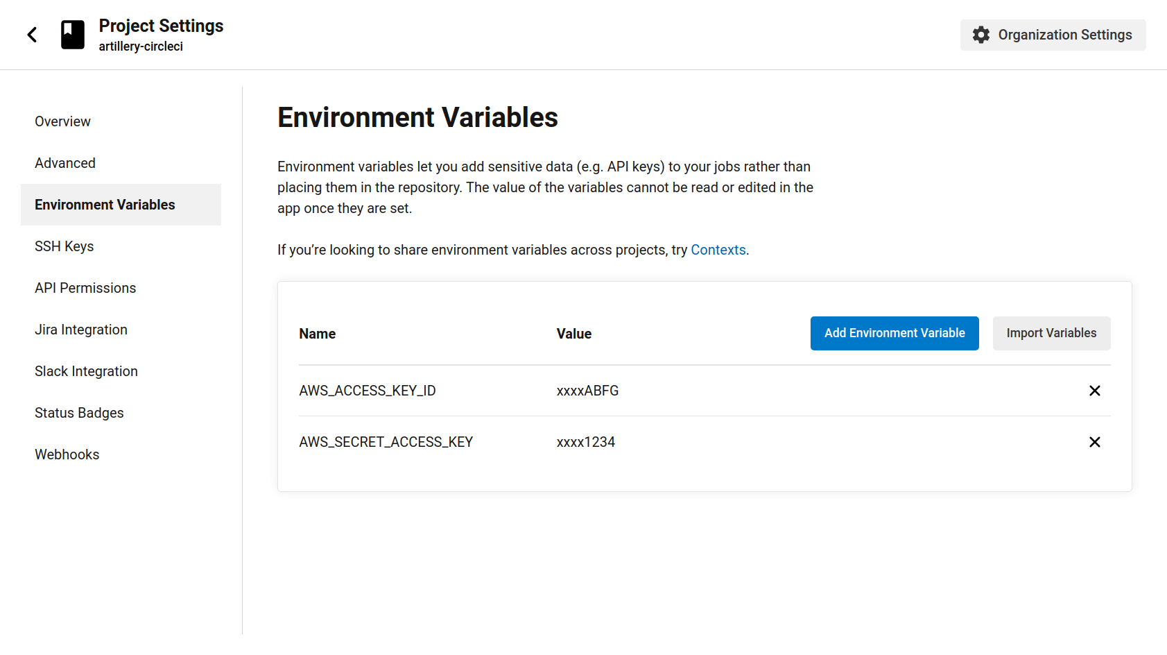 CircleCI - Setting up project environment variables