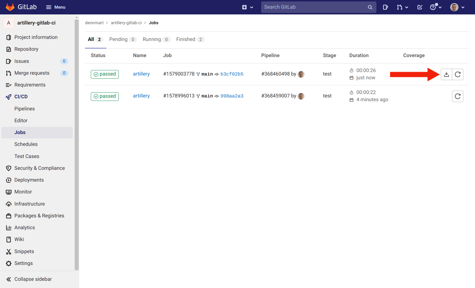 Downloading Artillery test reports from GitLab CI/CD job artifacts